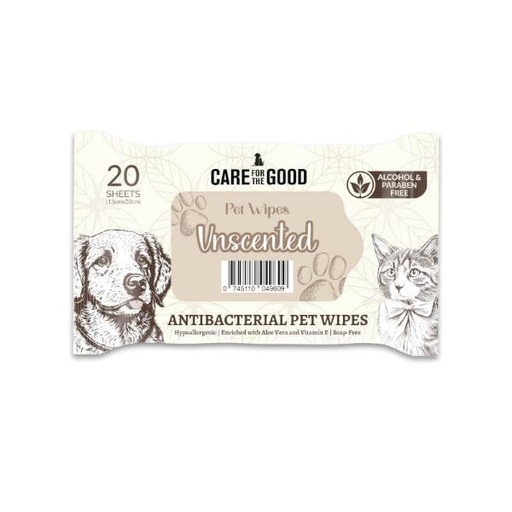 ANTIBACTERIAL PET WIPES - UNSCENTED 20pieces 